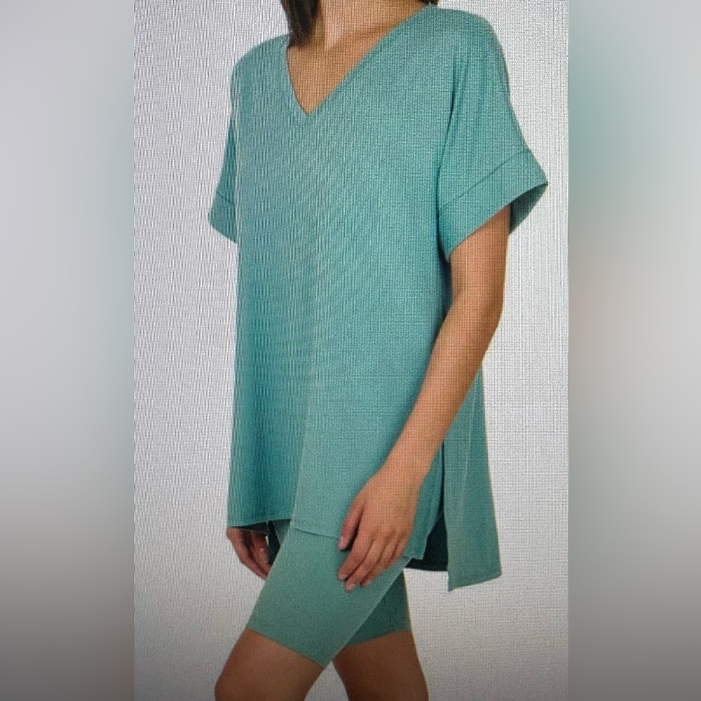 Zenana Dusty Teal Short Set, oversized tee & biker shorts